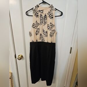 Milly Cream and Black Patterned High Neck Dress With Tie